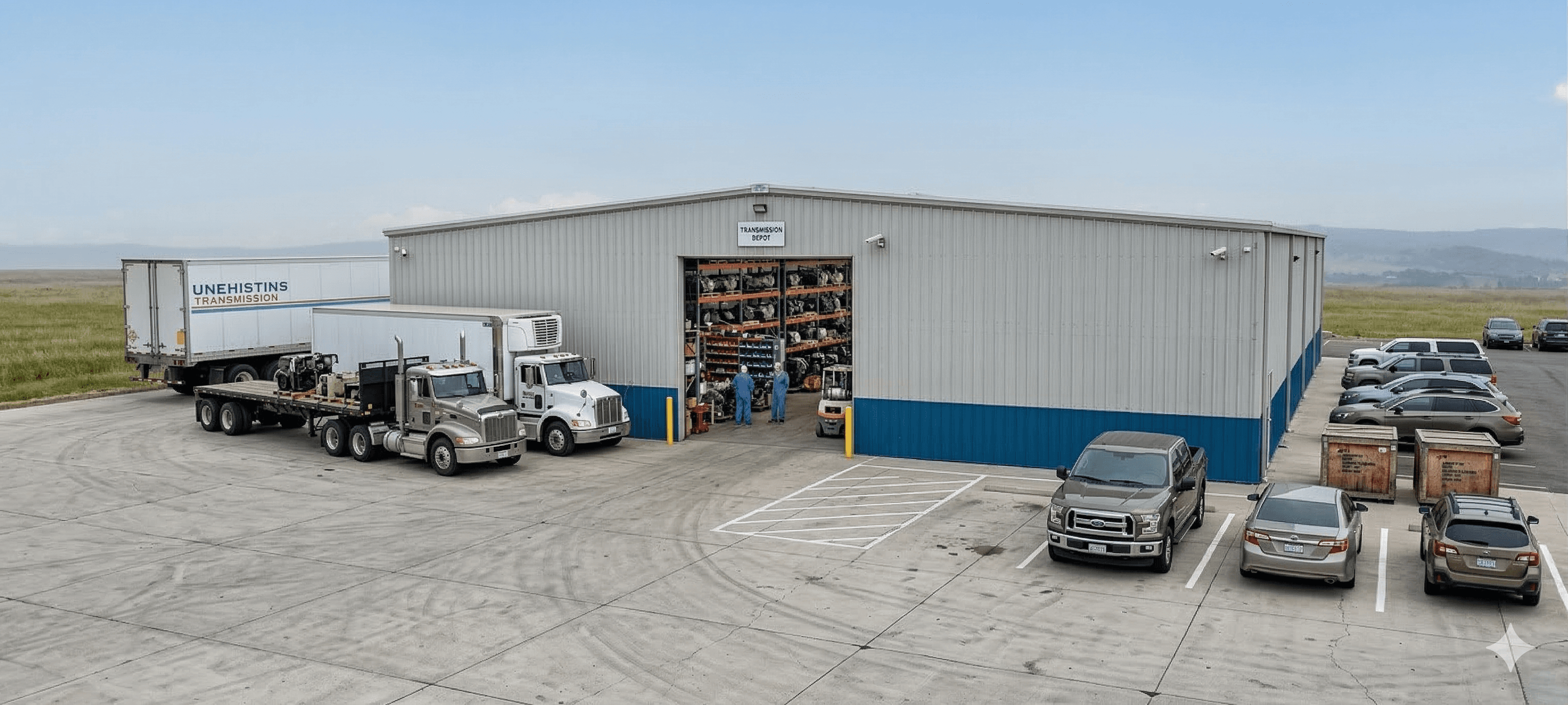 Steel commercial service building with blue wainscot, large overhead door, trucks and equipment in parking lot