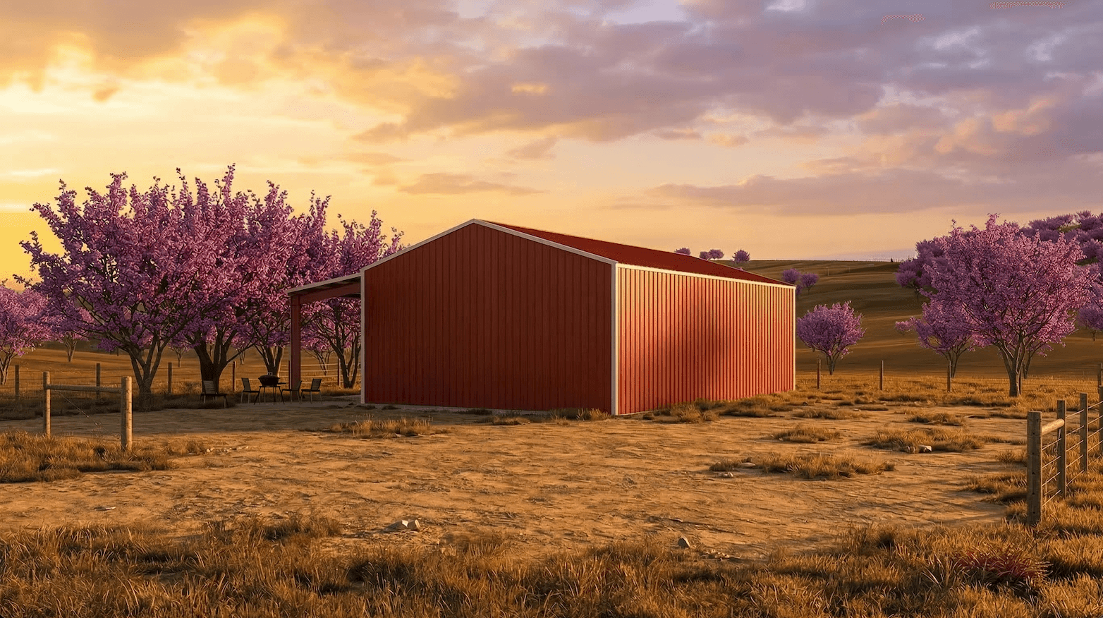 Homestead Steel red garage with lean-to patio at golden hour, surrounded by blooming trees
