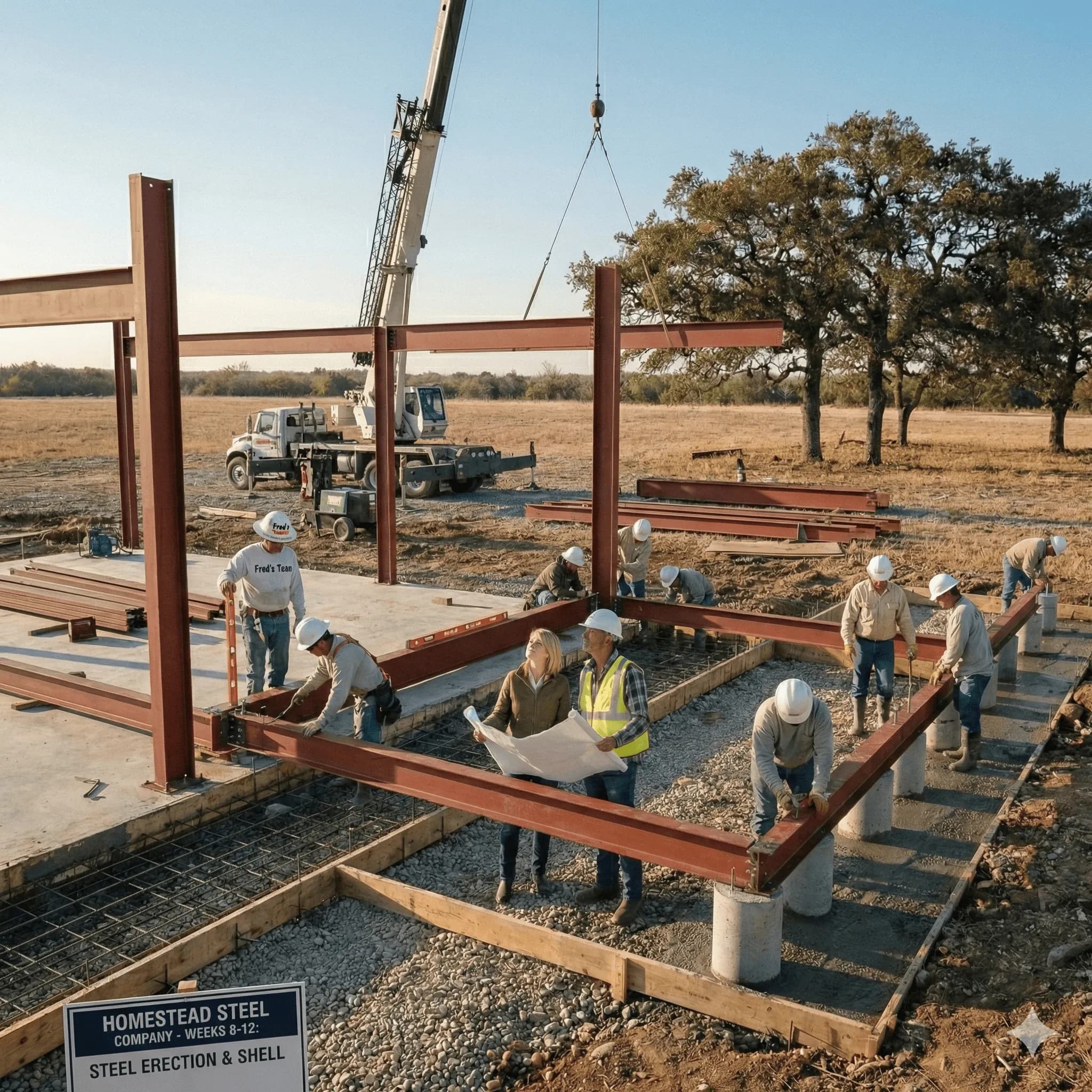 Professional crew erecting a steel building frame under Homestead Steel builder oversight on a job site