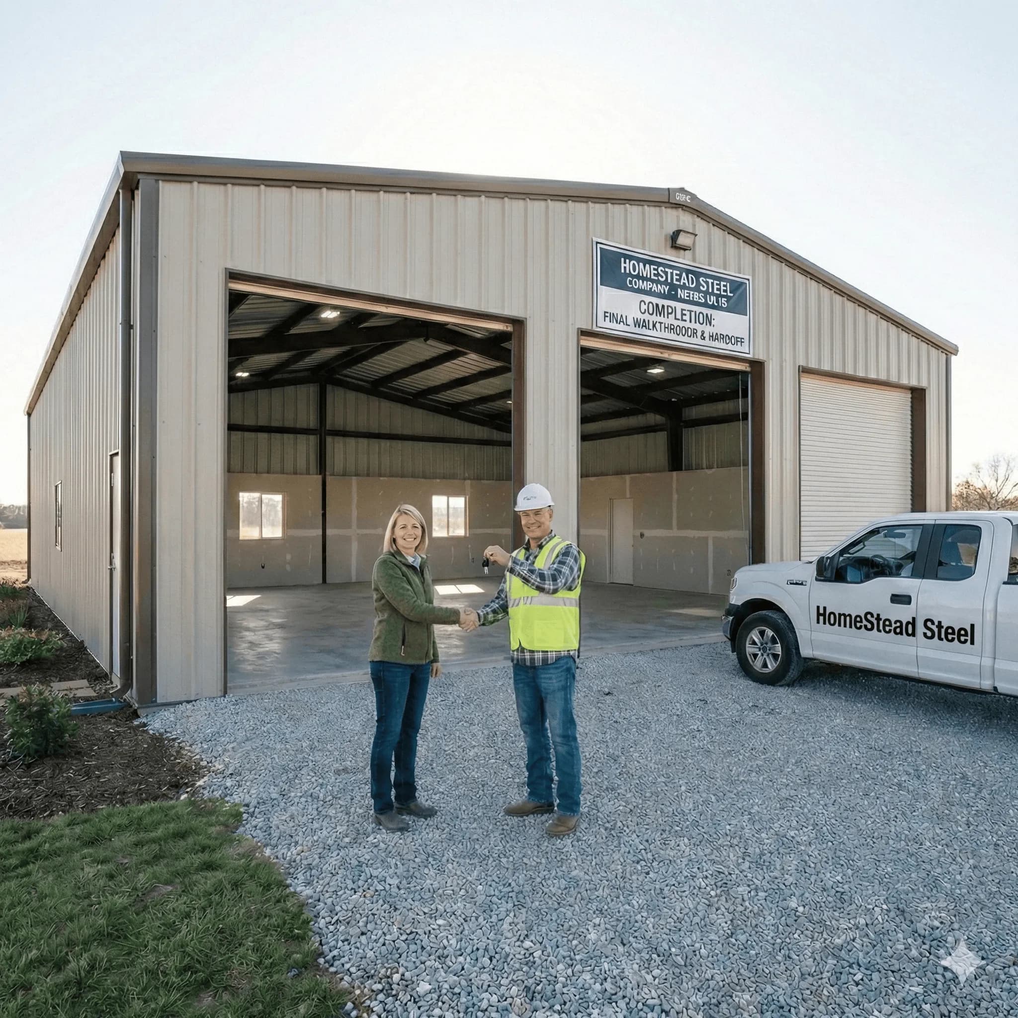 Completed Homestead Steel building at final walkthrough — turnkey delivery of a finished steel structure