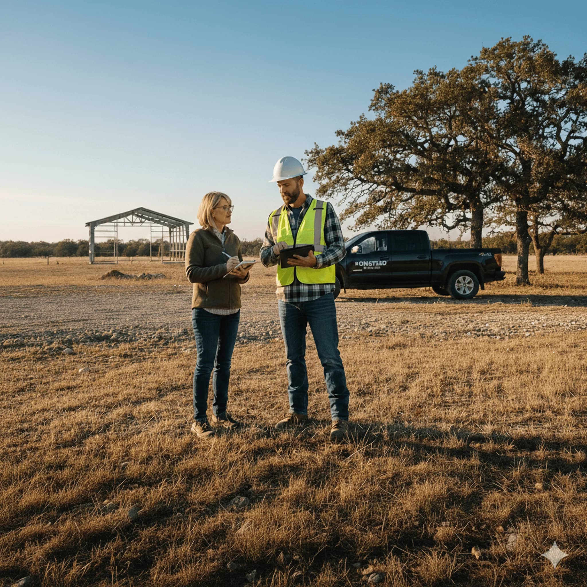 Homestead Steel builder consulting with a customer on-site to evaluate property for a steel building project