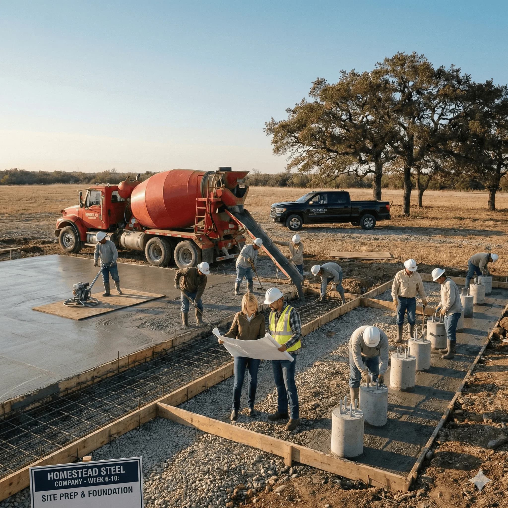 Concrete foundation and site preparation for a Homestead Steel shop, barn, or barndominium build